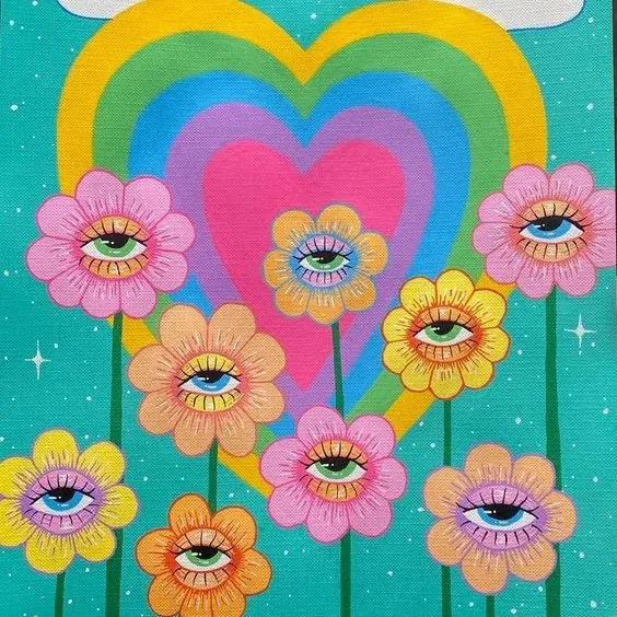 Painted rainbow heart with eye-centered flowers