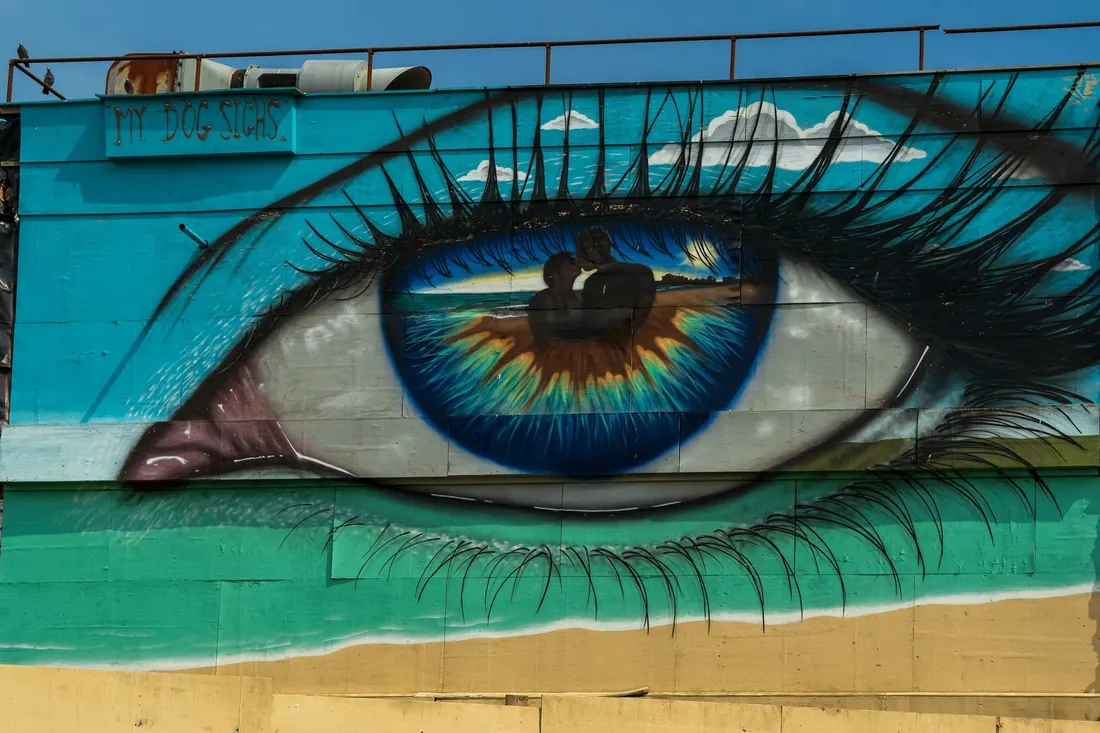 Mural of a large blue eye
