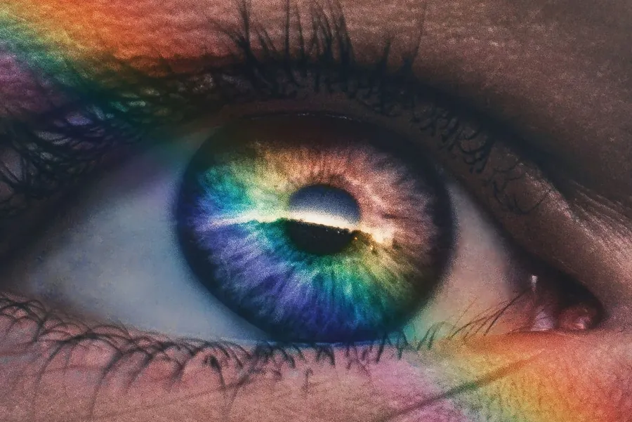 Close-up of an eye with rainbow light